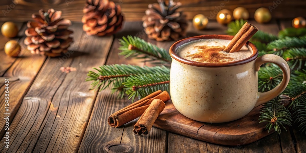 Warm eggnog in a rustic ceramic mug on a wooden table Warm eggnog in a rustic ceramic mug on a wooden table