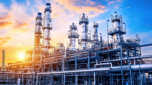 Wallpaper Mural Oil and gas refinery structures with interwoven pipelines and metal scaffolding under a golden sunset Torontodigital.ca