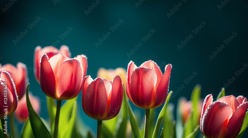 Fototapeta premium Dew-covered pink and yellow tulips in soft morning light | generative AI