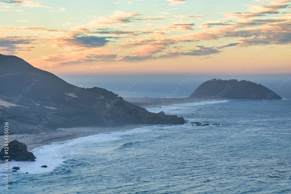 Highway 1 and Big Sur along the Pacific Ocean coast, beautiful landscape and aerial view, sunset, sunrise, fog. Concept, travel, vacation, weekend Highway 1 and Big Sur along the Pacific Ocean coast, beautiful landscape and aerial view, sunset, sunrise, fog. Concept, travel, vacation, weekend