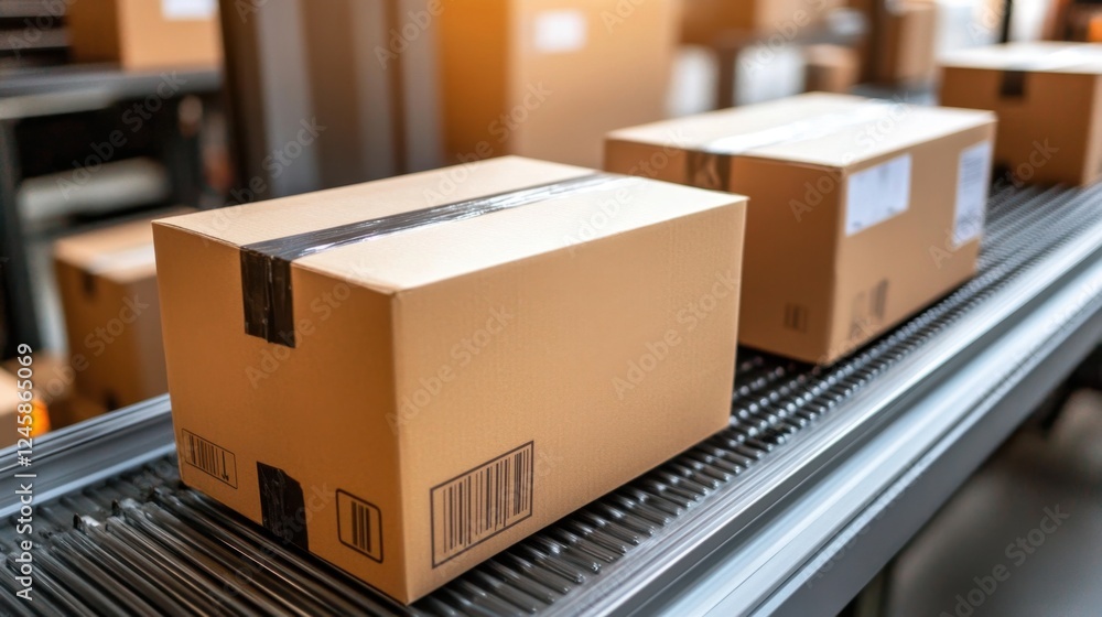 Rows of cardboard boxes moving down a conveyor system inside a packaging factory, with labels visible Rows of cardboard boxes moving down a conveyor system inside a packaging factory, with labels visible