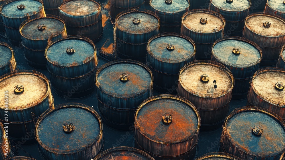 Rows of interconnected metal tanks and cylindrical reservoirs storing liquid petrochemical products Rows of interconnected metal tanks and cylindrical reservoirs storing liquid petrochemical products