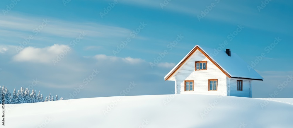 Scenic white log cabin in a snowy landscape under a clear blue sky ideal for winter themed designs and tranquil imagery Scenic white log cabin in a snowy landscape under a clear blue sky ideal for winter themed designs and tranquil imagery