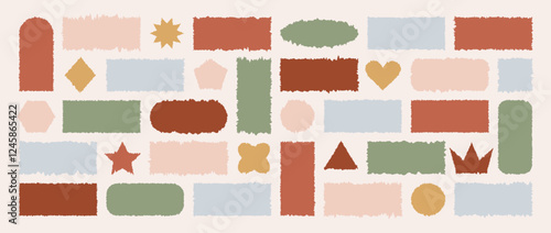 Jagged Rectangle collection. Tattered frame or text box with jagged edges. Bohemian Square, heart, crown shaped with torn paper effect. Vector illustration in grunge style.