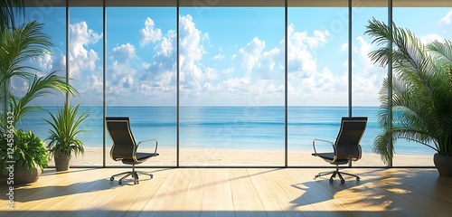 A tranquil virtual background of an office space overlooking a calm beach through floor-to-ceiling glass windows