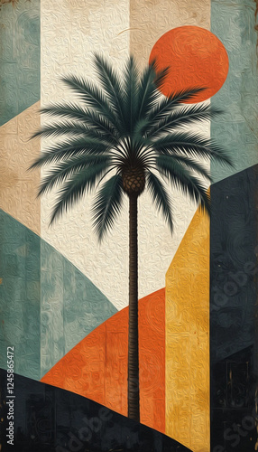 Palm tree. Oil painting. Pattern for printing on wall decorations, covers, leaflets, business cards