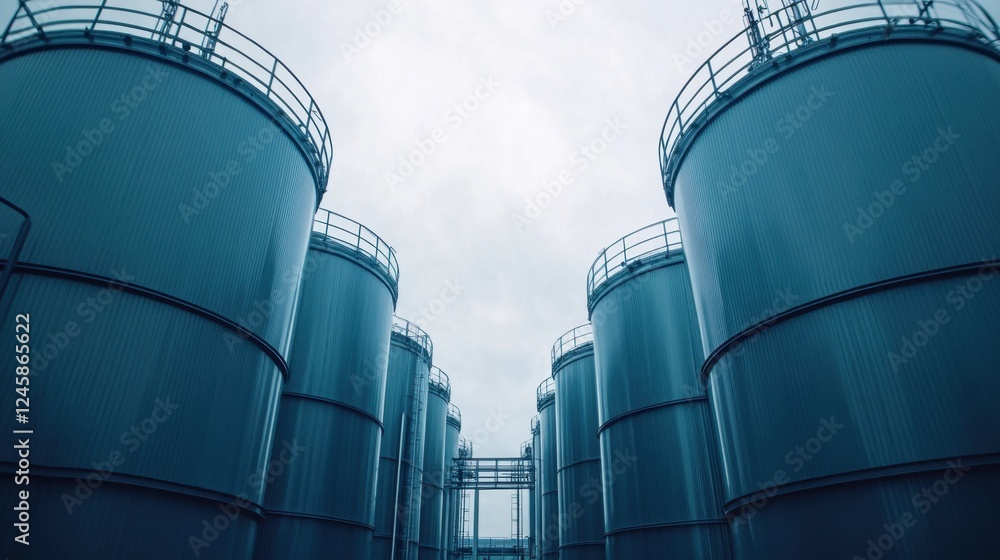 Row of tall refinery columns processing crude oil at a cutting-edge petrochemical plant with a bright sky backdrop Row of tall refinery columns processing crude oil at a cutting-edge petrochemical plant with a bright sky backdrop