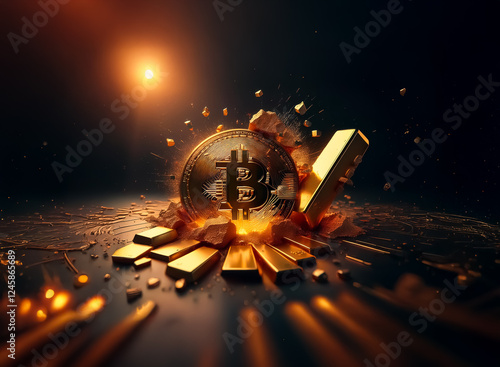 Bitcoin and gold bars forcefully emerge from the ground in a burst of energy, illuminated by a bright light in a dark environment. photo