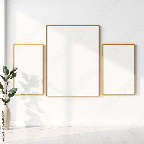three frames wall art mockup in light naturally window lit interior gallery