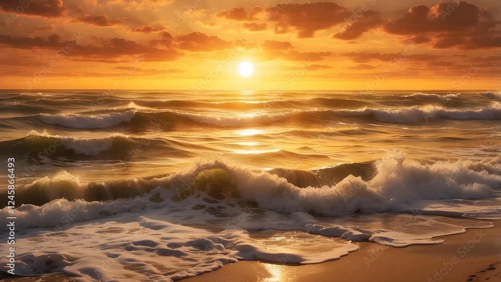Naklejka premium Golden Sunset Over Ocean Waves