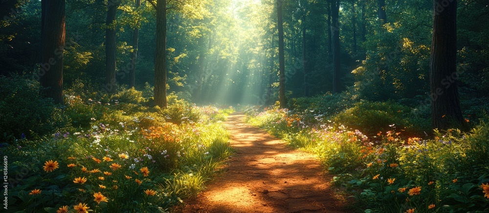 Obraz premium A scenic pathway illuminated by sunlight surrounded by vibrant greenery and wildflowers in a tranquil summer forest setting.