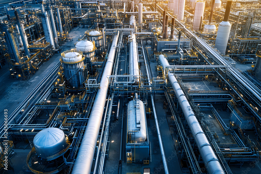 Fototapeta premium Industrial facility showcasing extensive piping and storage tanks during early morning light in a bustling energy sector