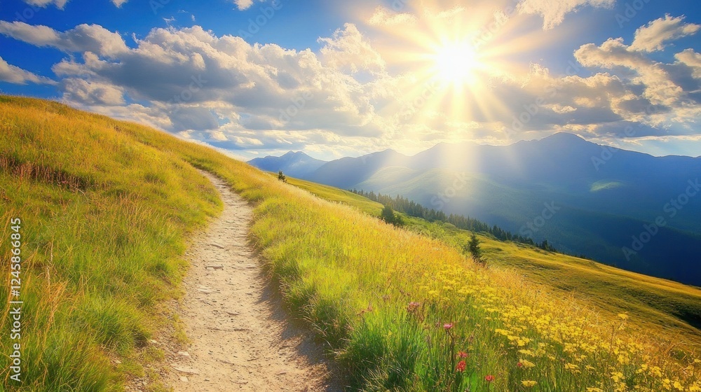 Obraz premium Sunny Mountain Path: A Journey Through Golden Fields