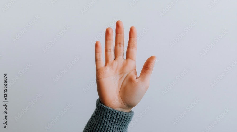 Single hand raised, palm open against neutral background, signaling greeting, halt, or alertness with relaxed, spread fingers Single hand raised, palm open against neutral background, signaling greeting, halt, or alertness with relaxed, spread fingers