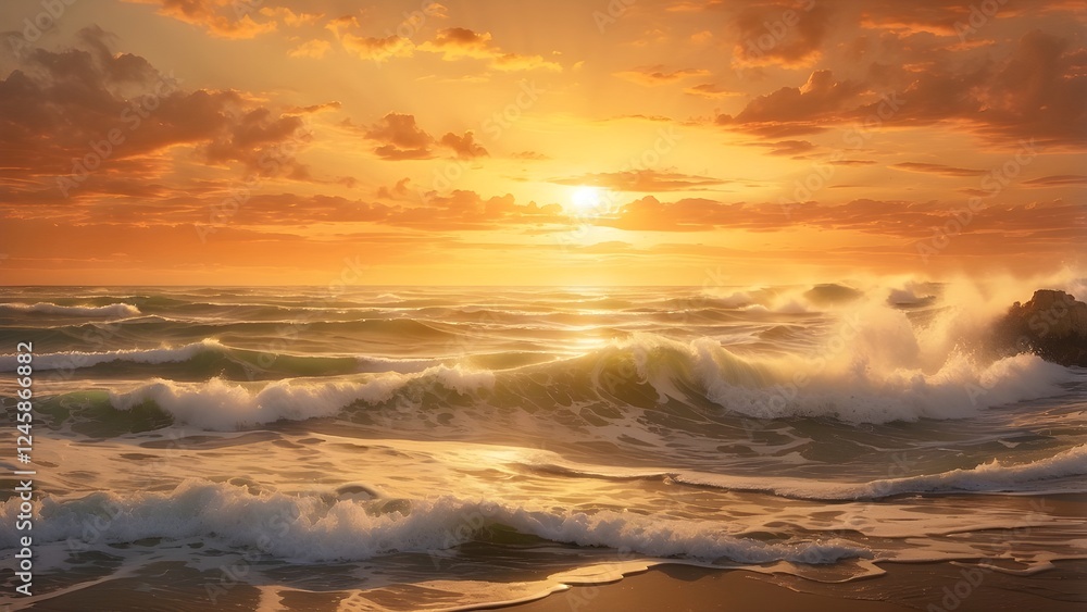 Golden Sunset Over Ocean Waves Golden Sunset Over Ocean Waves
