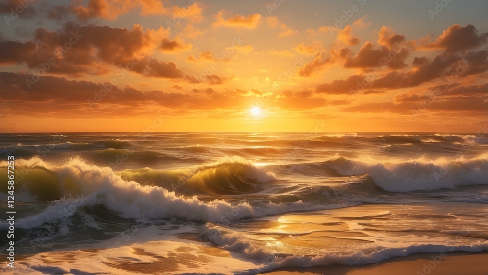 Golden Sunset Over Ocean Waves Golden Sunset Over Ocean Waves