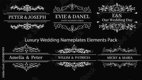 Elegant wedding nameplate designs featuring luxurious details, perfect for invitations and seating arrangements.