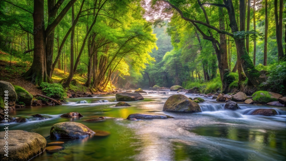 River flowing through forest with trees and rocks, greenery, serene nature River flowing through forest with trees and rocks, greenery, serene nature