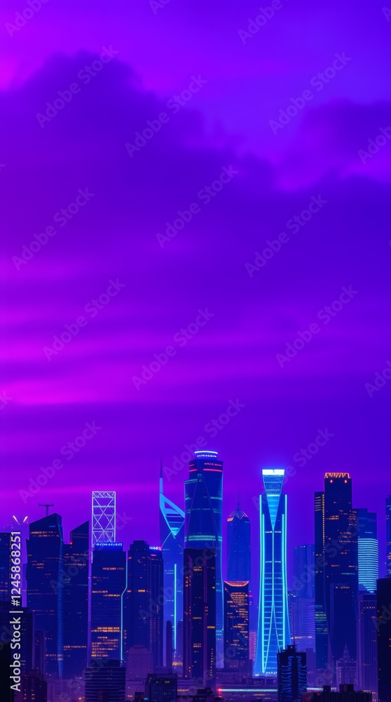 Fototapeta premium Futuristic city skyline, vibrant purple sky, glowing neon lights phone wallpaper | generative AI