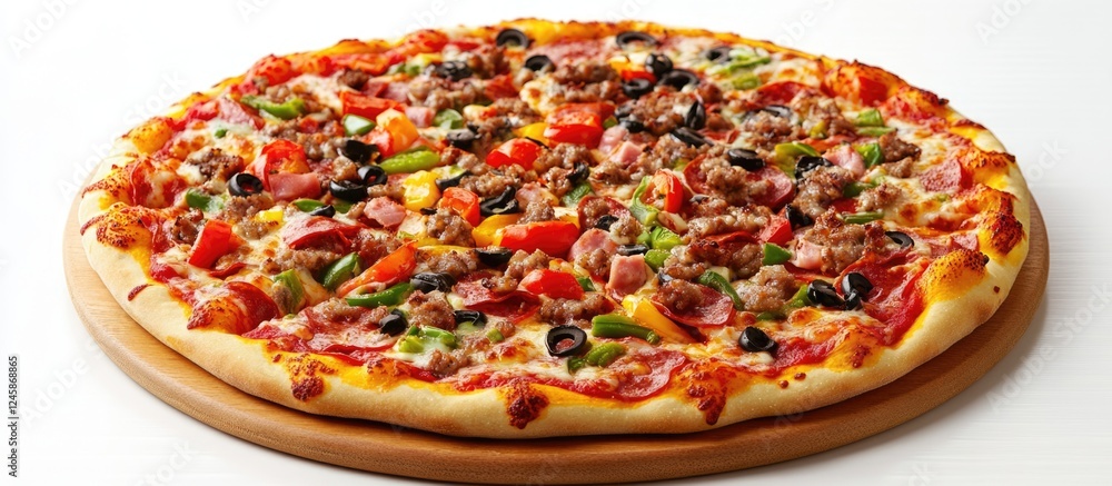 Delicious gourmet pizza loaded with fresh toppings on a wooden board perfect for food photography and mealtime promotions with blank space for text Delicious gourmet pizza loaded with fresh toppings on a wooden board perfect for food photography and mealtime promotions with blank space for text
