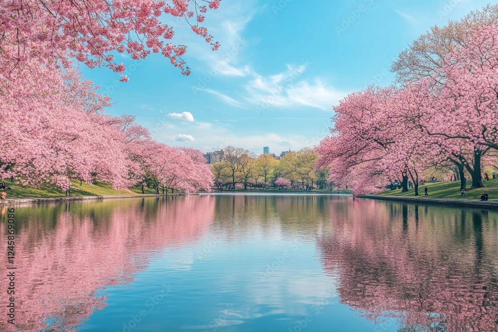 Spring Cherry Blossoms Reflecting in Calm Park Pond Spring Cherry Blossoms Reflecting in Calm Park Pond