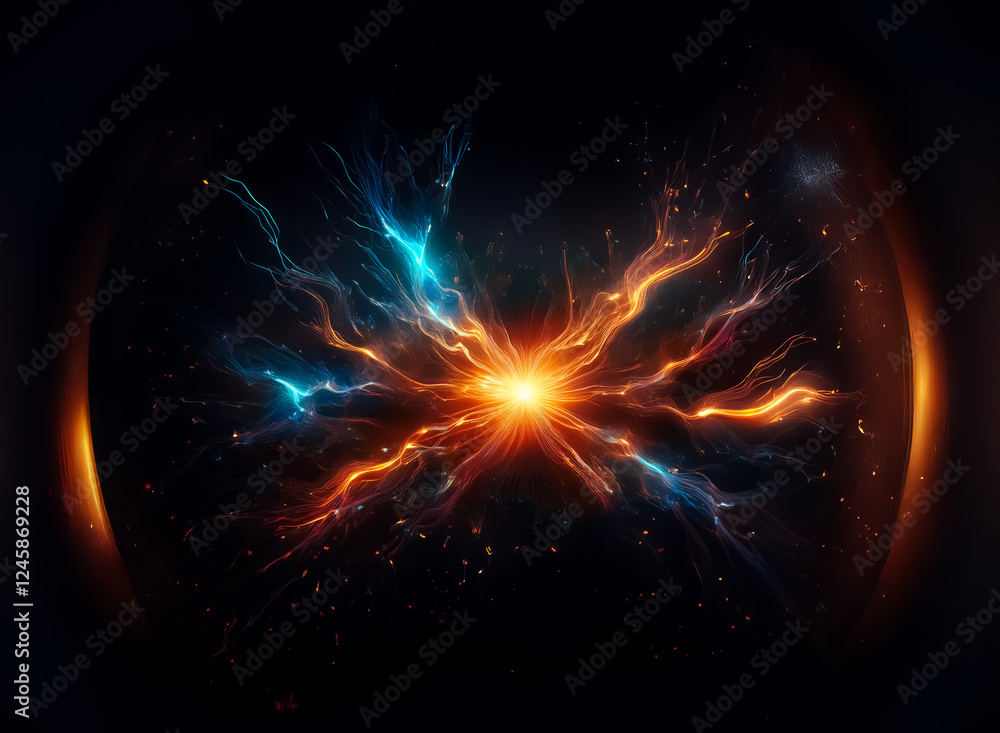 Obraz premium Vibrant energy bursts from a central point, radiating outwards in fiery orange and cool blue against a dark backdrop, creating a dynamic abstract explosion.