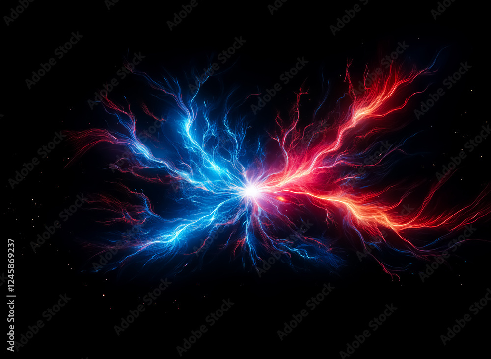 Vibrant streams of blue and red energy collide against a stark black backdrop, creating a dynamic and abstract display of opposing forces in a cosmic clash. Vibrant streams of blue and red energy collide against a stark black backdrop, creating a dynamic and abstract display of opposing forces in a cosmic clash.