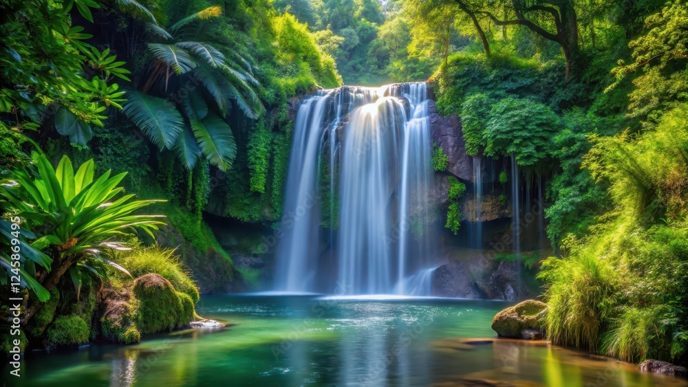 Obraz premium Serene waterfall amidst dense foliage, majestic, leafy, majestic, leafy, wild, rugged, tranquil, serene, flora, lush