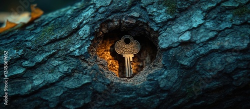 Key resting inside a hollow tree trunk illuminated by soft light creating a mysterious and intriguing nature scene.