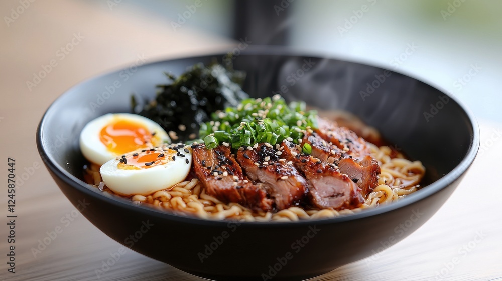 Steaming Bowl of Ramen Noodles with Sliced Pork Egg Seaweed and Sesame Seeds Steaming Bowl of Ramen Noodles with Sliced Pork Egg Seaweed and Sesame Seeds