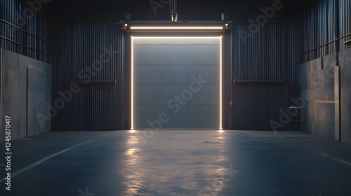 a dark industrial garage interior with a large, illuminated roll-up door. The floor is reflective, and the overall mood is moody and atmospheric.
