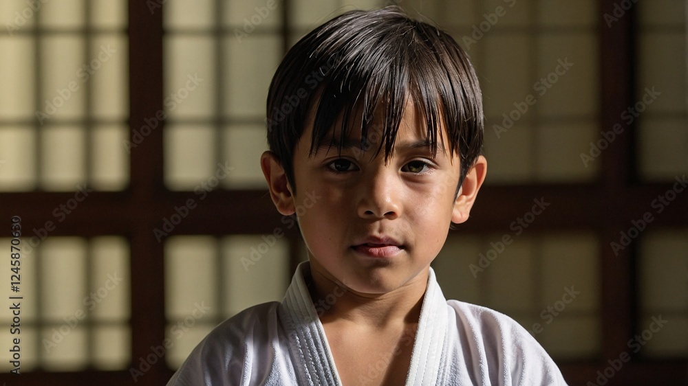 Young martial artist showcases determination during a training session in a serene dojo environment, honing skills and discipline in a traditional setting, surrounded by soft light Young martial artist showcases determination during a training session in a serene dojo environment, honing skills and discipline in a traditional setting, surrounded by soft light