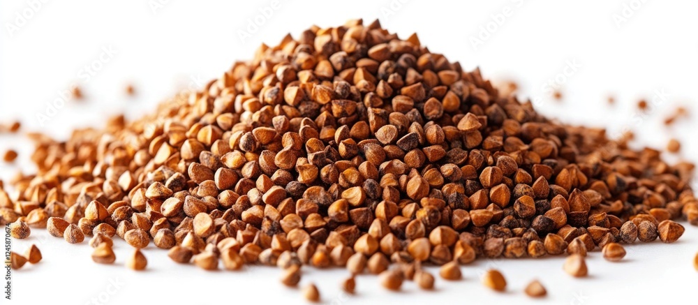 Buckwheat grains piled up on a white background showcasing their rich texture and color for culinary or agricultural use. Buckwheat grains piled up on a white background showcasing their rich texture and color for culinary or agricultural use.