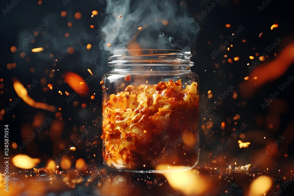 a glass jar filled with fiery, glowing embers and smoke, surrounded by sparks, creating a dramatic and intense visual effect. a glass jar filled with fiery, glowing embers and smoke, surrounded by sparks, creating a dramatic and intense visual effect.