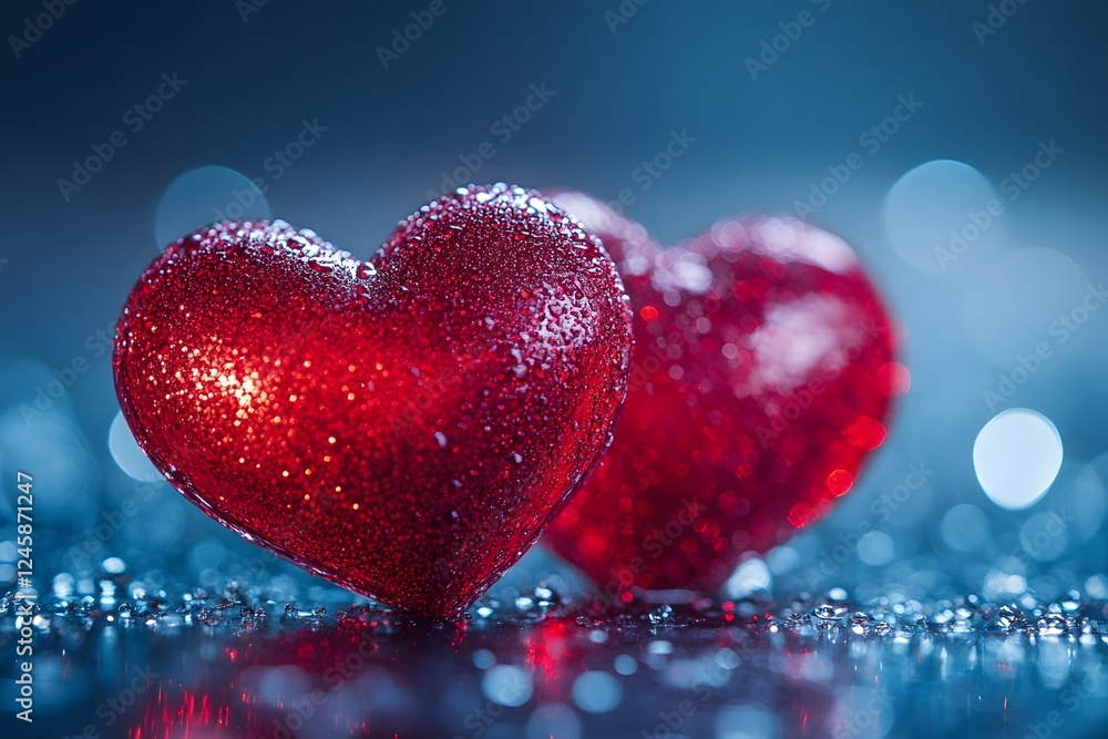 Romantic Sparkling Red Hearts with Water Droplets for Valentine's Day Wall Art or Greeting Card Design Romantic Sparkling Red Hearts with Water Droplets for Valentine's Day Wall Art or Greeting Card Design