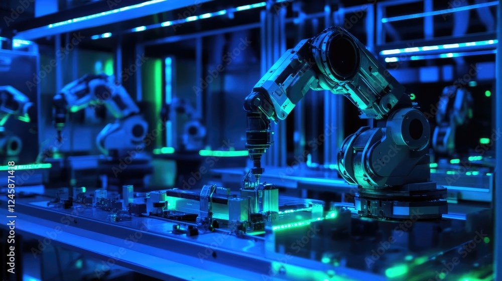 A robotic workstation with multiple robots interacting under blue and green LED lighting, highlighting advancements in automation and technology. A robotic workstation with multiple robots interacting under blue and green LED lighting, highlighting advancements in automation and technology.