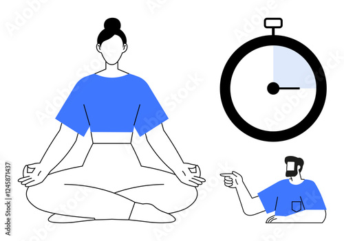 Woman in a meditation pose, a clock timer showing time passage, and a man instructing. Ideal for mindfulness, wellness, relaxation, time management, productivity, guided meditation stress relief