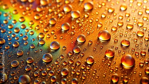 Small droplets of water on a transparent glass surface reflect light, creating tiny rainbows and sparkling effects on an orange colored background, glossy finish, bubble effect