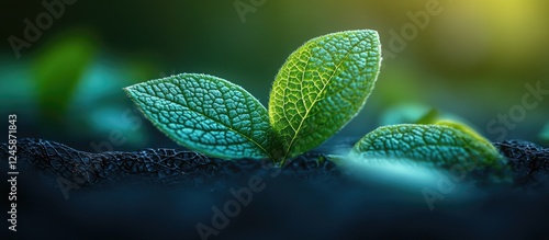 Green leaf emerging from dark netting showcasing growth and resilience in nature with a selective focus depth of field concept. photo