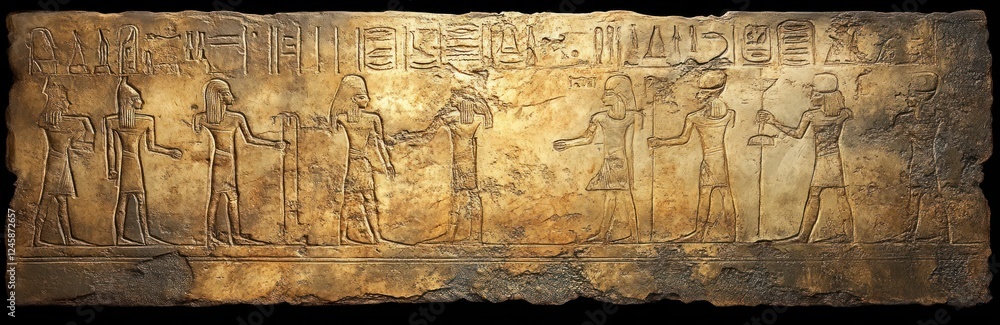 Obraz premium Ancient Egyptian Hieroglyphs and Texts on Stone Wall in Warm Light