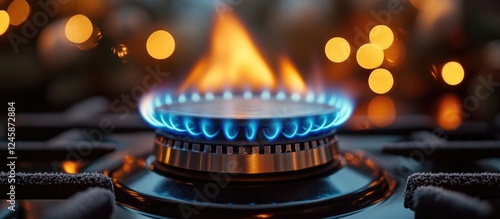 Gas flame burning on a stove burner with a warm glow, highlighting the significance of gas for heating in cold climates. photo