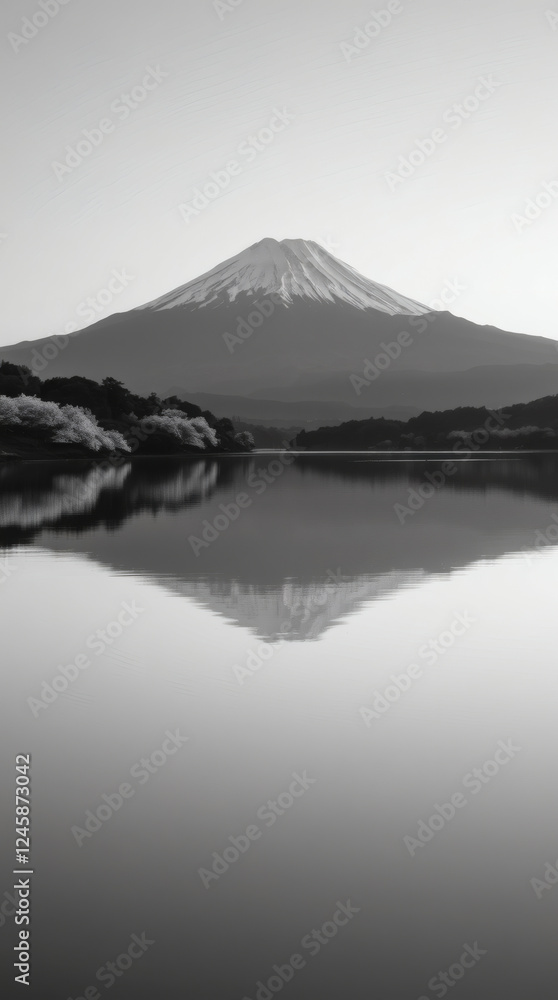 black and white Mount Fuji reflected in a calm lake at sunrise. with cherry blossom tree Japan phone wallpaper background | generative AI black and white Mount Fuji reflected in a calm lake at sunrise. with cherry blossom tree Japan phone wallpaper background | generative AI