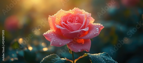 Beautiful pink rose in full bloom surrounded by a soft-focused garden background with gentle sunlight and dewdrops glistening. photo