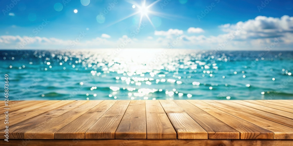 Obraz premium Wooden table top with blurred background of sparkling sea water and a summer sky, interior, peaceful scene