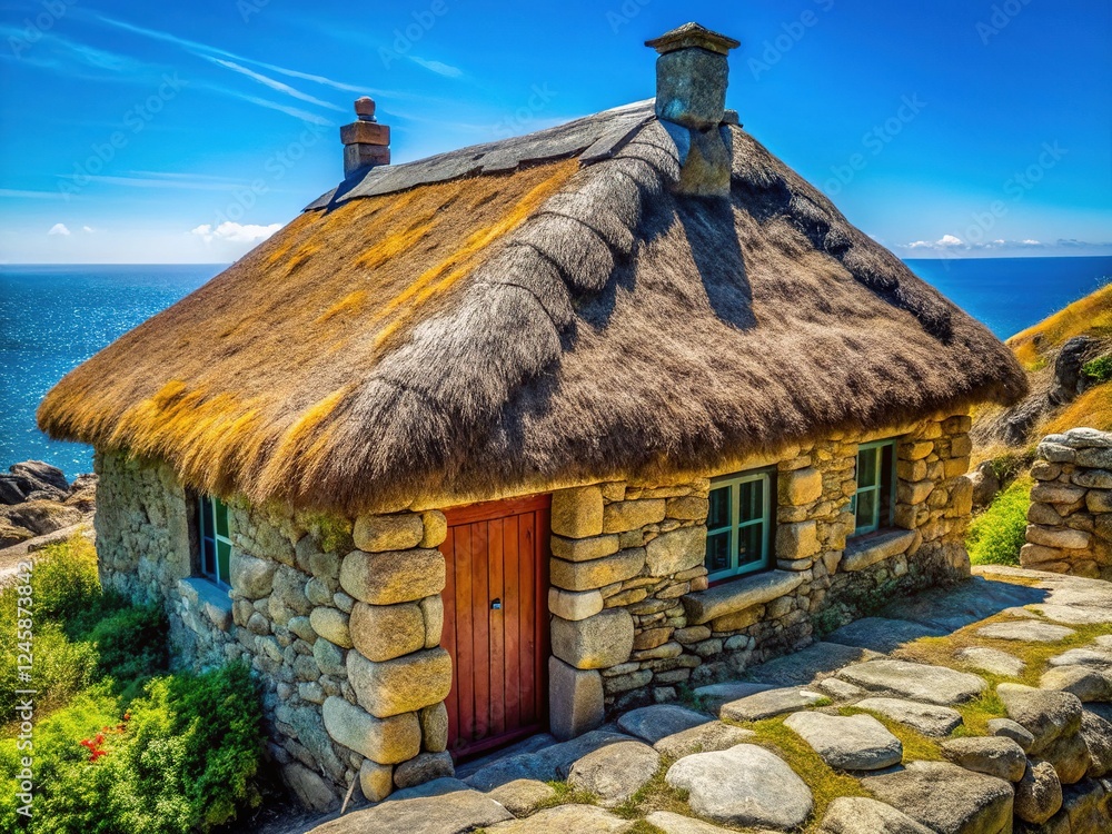 Picturesque Thatched Roof in Castromao, Galicia, Spain Picturesque Thatched Roof in Castromao, Galicia, Spain