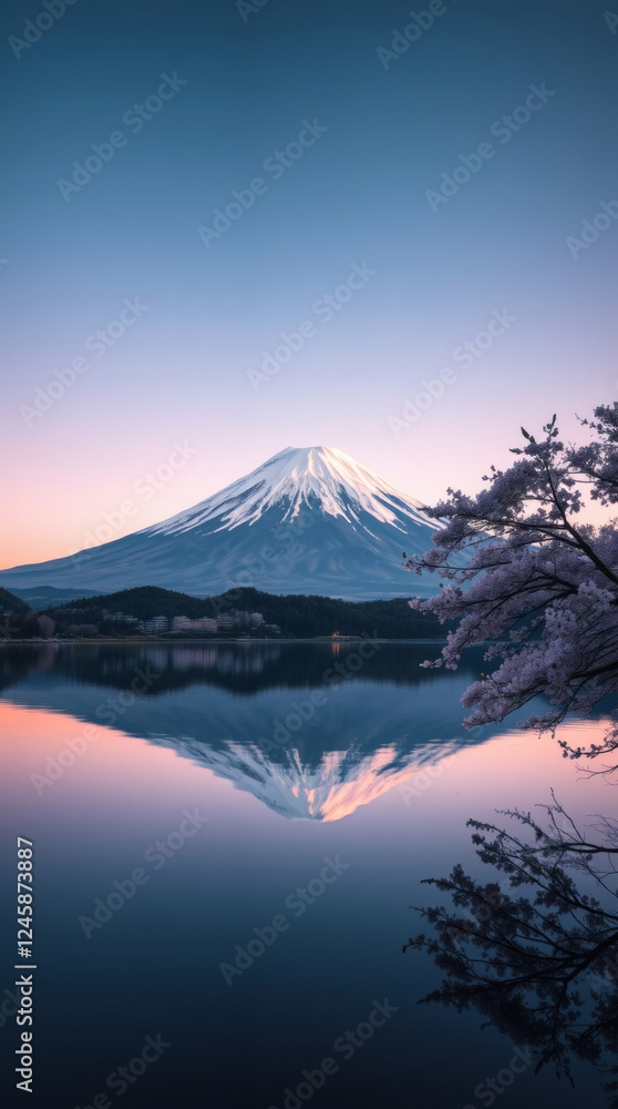 Mount Fuji reflected in a calm lake at sunrise. Warm golden hour light, cherry blossoms Japan phone wallpaper background| generative AI