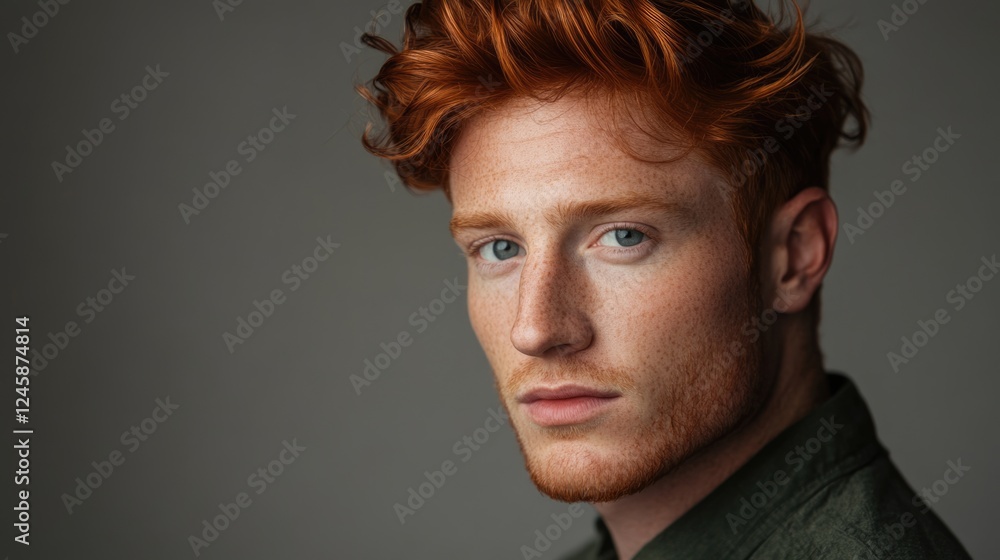 Portrait of a handsome man with red hair and blue eyes in a minimalist studio setting highlighting his facial features and expression. Portrait of a handsome man with red hair and blue eyes in a minimalist studio setting highlighting his facial features and expression.