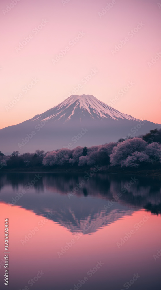 Mount Fuji reflected in a calm lake at sunrise. Warm golden hour light, cherry blossoms Japan phone wallpaper background| generative AI