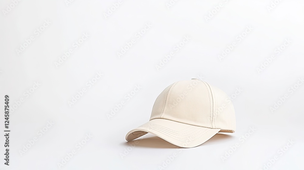 A minimalist beige baseball cap resting on a clean white surface, ideal for fashion displays A minimalist beige baseball cap resting on a clean white surface, ideal for fashion displays