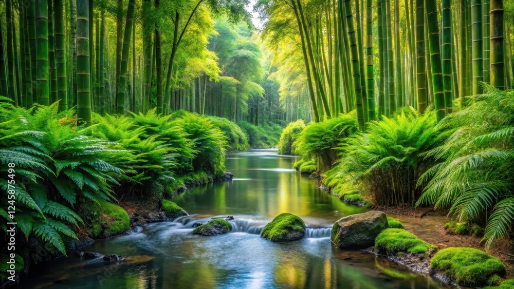 The sound of gently flowing water fills the air as a serene stream winds its way through a lush bamboo forest, lined with delicate ferns and vibrant greenery, serene stream, nature The sound of gently flowing water fills the air as a serene stream winds its way through a lush bamboo forest, lined with delicate ferns and vibrant greenery, serene stream, nature